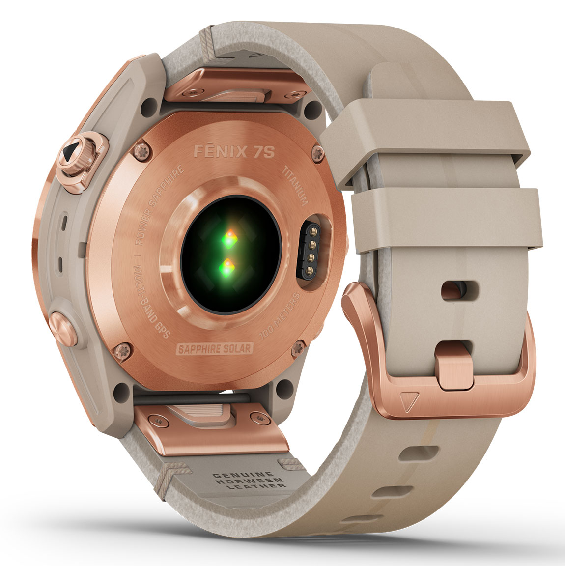 Garmin Fenix 7S Sapphire Solar Rose Gold Titanium with Limestone Leather Band Silicone Band 010 02539 35 watchesonline