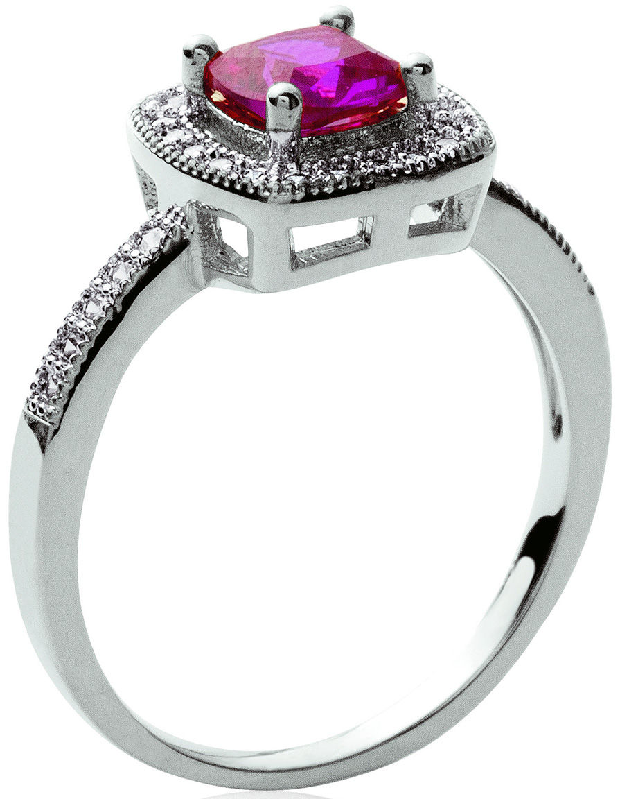 Lykka Casuals halo silver ring with a fuchsia red zirconia 