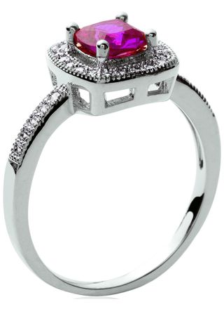 Lykka Casuals halo silver ring with a fuchsia red zirconia 