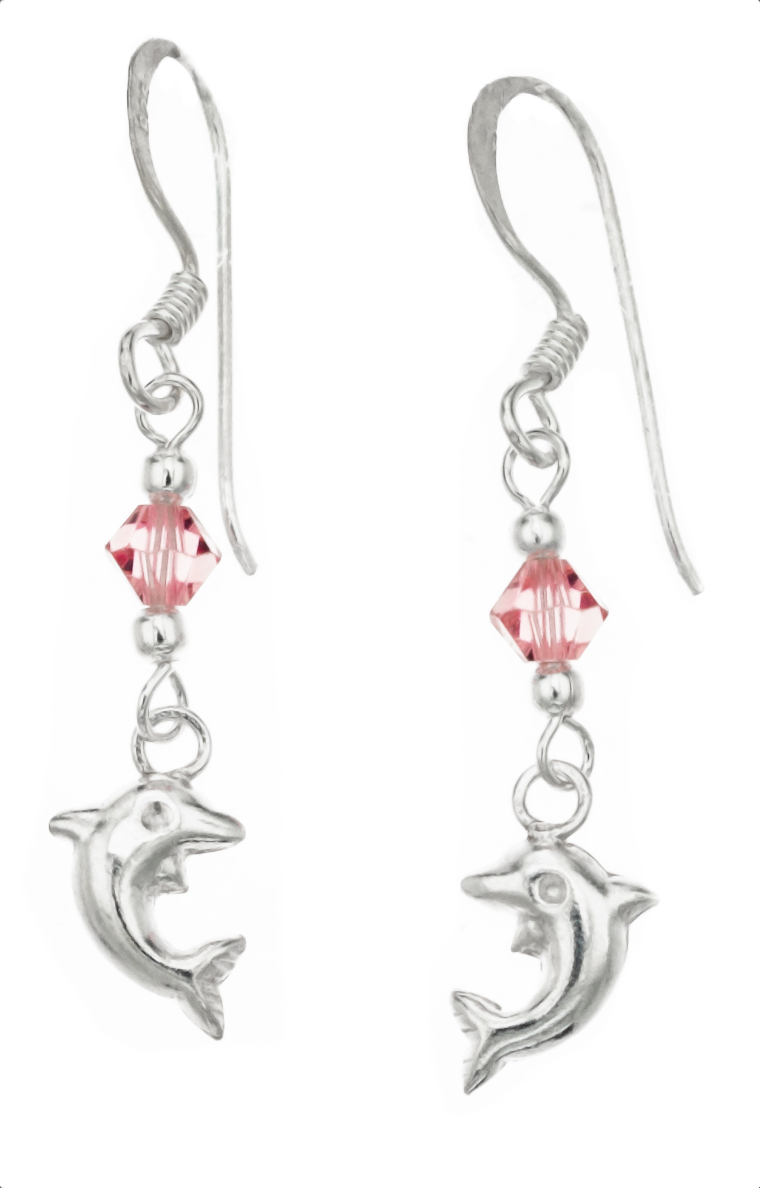 Silver Bar dolphin hanging earrings pink crystal 36 mm 1856