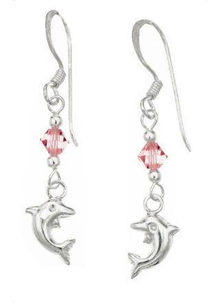 Silver Bar dolphin hanging earrings pink crystal 36 mm 1856