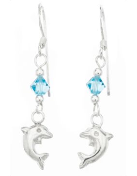 Silver Bar dolphin hanging earrings blue crystal 36 mm 1856