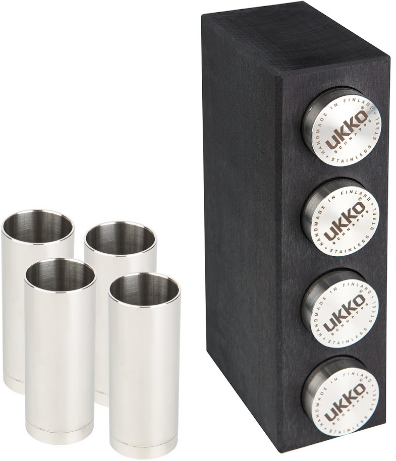 Ukko Schnapps 4 Original Schnapps glasses on a birch holster (41141)