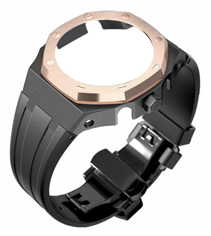 Tiera Casio GA-2100 custom mod kit black silicone watch strap + rose gold steel bezel