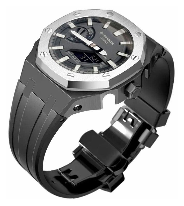 Tiera Casio CasiOak custom mod kit black silicone watch strap silver steel bezel watchesonline