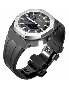 Tiera Casio GA-2100 custom mod kit black silicone watch strap + silver steel bezel