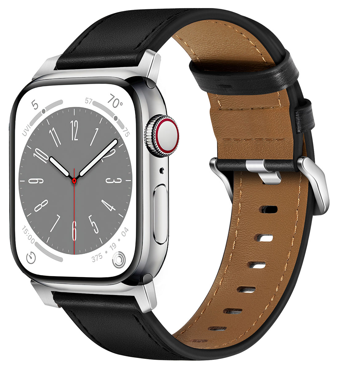 Tiera Apple Watch black leather band with silver buckle
