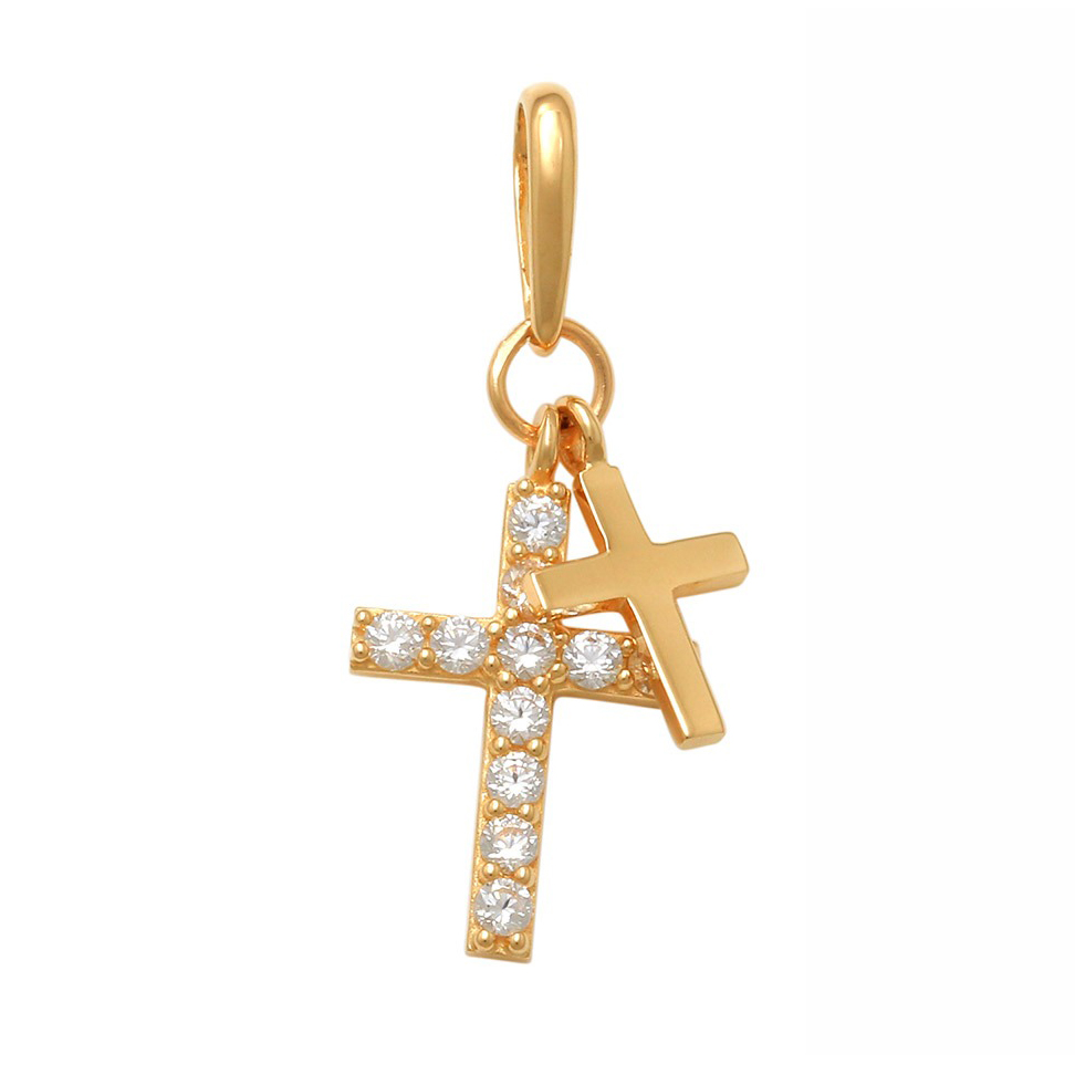 Lykka Crosses gold double cross pendant with zirconia 7.6 mm