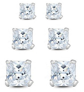 Silver Bar square zirconiaearrings three pair gift-set 3+4+5 mm 8326