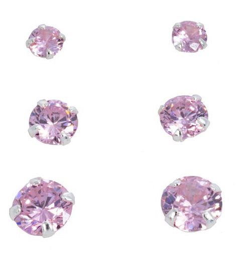 Silver Bar jewelry set synthetic zirconia earrings three pair gift box pink 8739