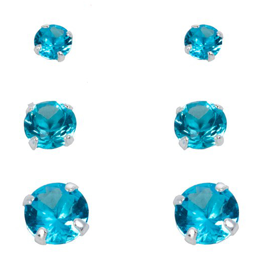 Silver Bar jewelry set synthetic zirconia earrings three pair gift box aqua 8740