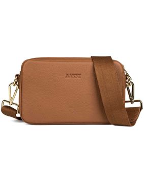 Aarni cognac brown crossbody bag with gold colored zipper