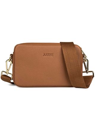 Aarni cognac brown crossbody bag with gold colored zipper