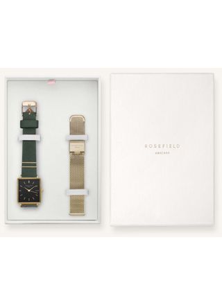 Rosefield gift box with The Boxy black Forest watch and black leather strap BFGMG-X237