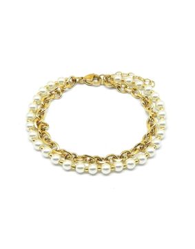Lykken Trend glass bead stainless steel bracelet gold-plated 17 cm