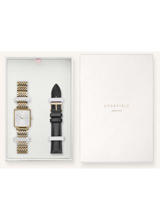 Rosefield gift box with The Boxy White gold watch and black leather strap BWSBG-X242