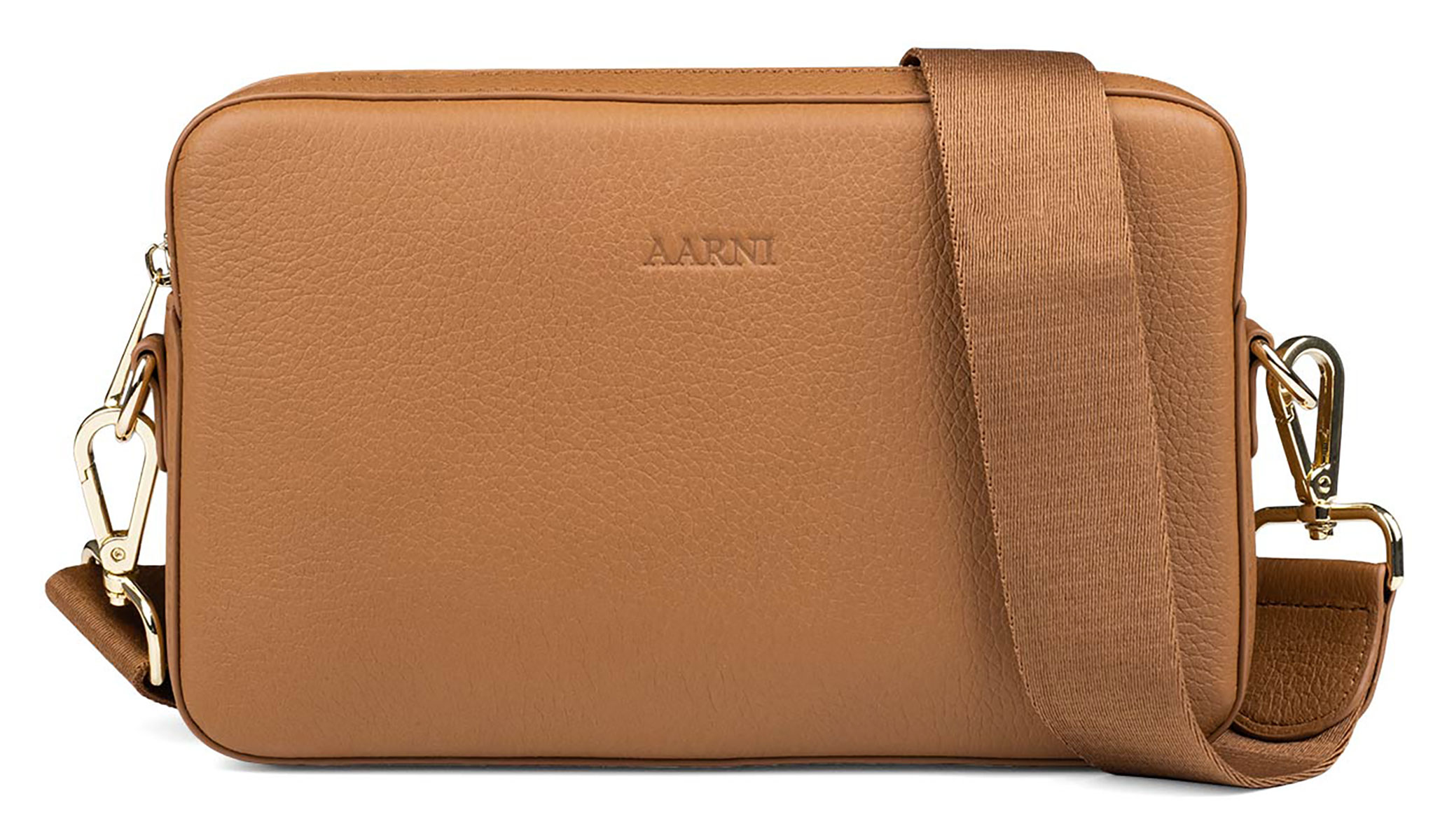 Aarni large cognac brown crossbody bag with gold colored zipper