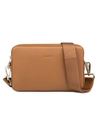 Aarni large cognac brown crossbody bag with gold colored zipper