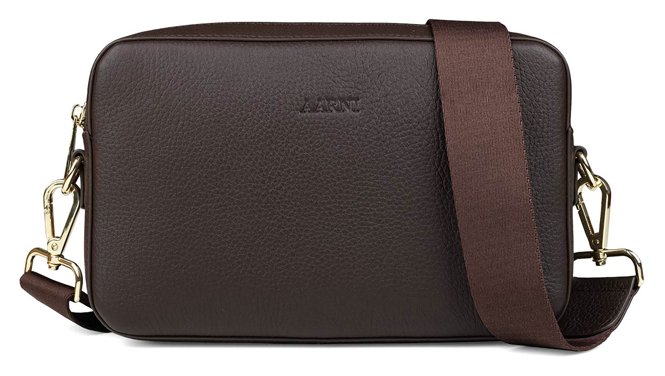 Aarni large dark brown crossbody bag with gold colored zipper