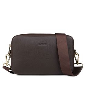Aarni large dark brown crossbody bag with gold colored zipper