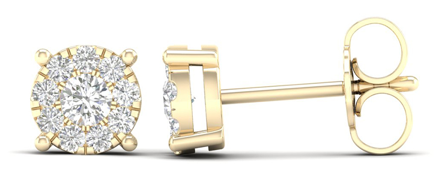 Lykka Elegance Milgrain diamond halo stud earrings in yellow gold 5,3 mm 