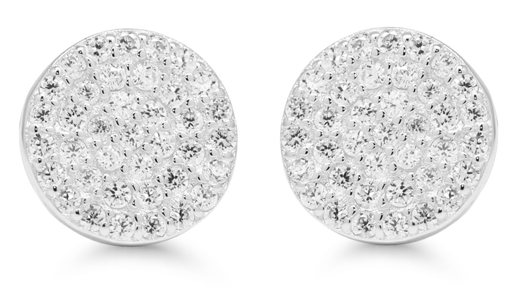 Silver earrings round plate clear zircon E-0100Z