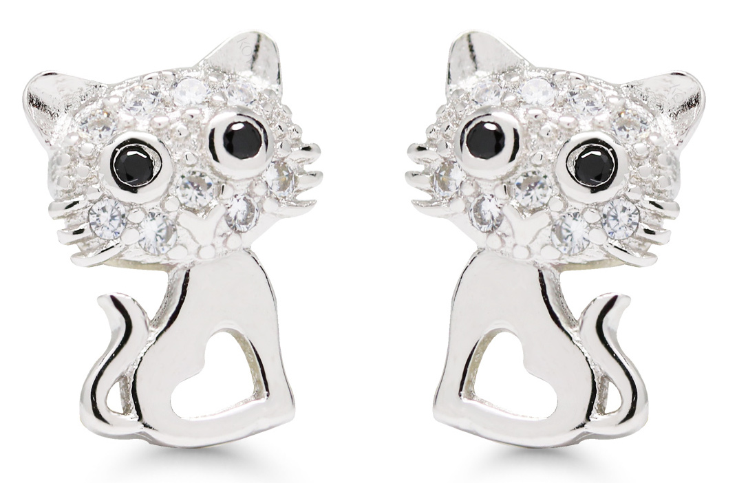 Silver earrings cat black-clear zircon E-0255Z