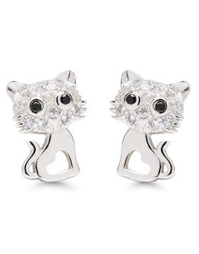 Silver earrings cat black-clear zircon E-0255Z