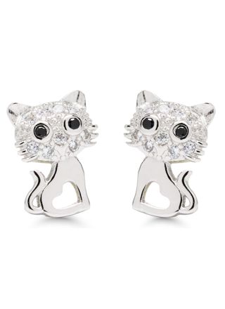 Silver earrings cat black-clear zircon E-0255Z