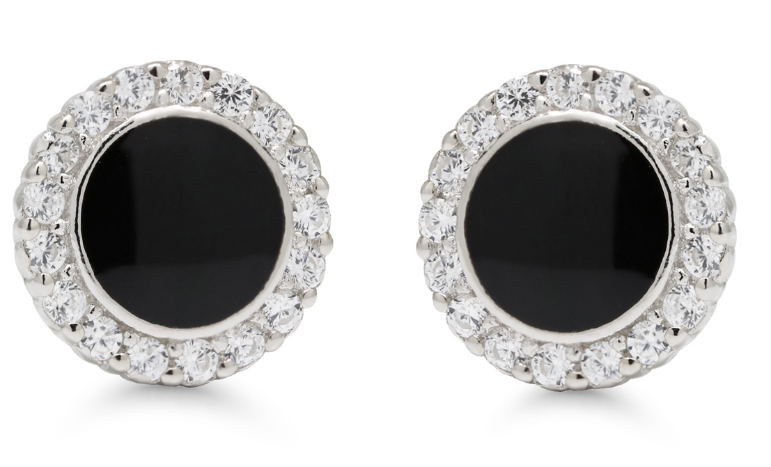 Silver earrings round plate black enamel zircon E-0393Zblack