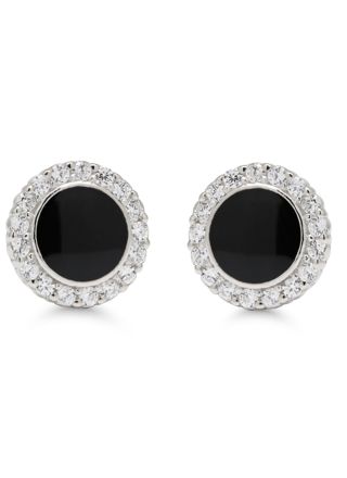 Silver earrings round plate black enamel zircon E-0393Zblack