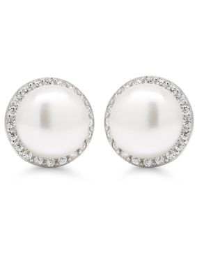 Silver earrings white 8mm genuine pearl-zircon E-1382ZP