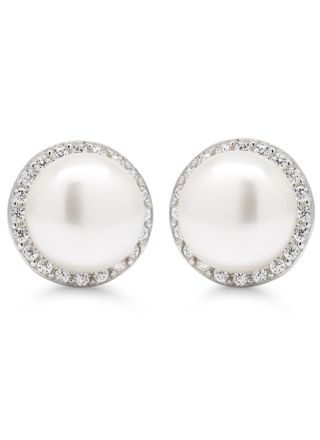 Silver earrings white 8mm genuine pearl-zircon E-1382ZP