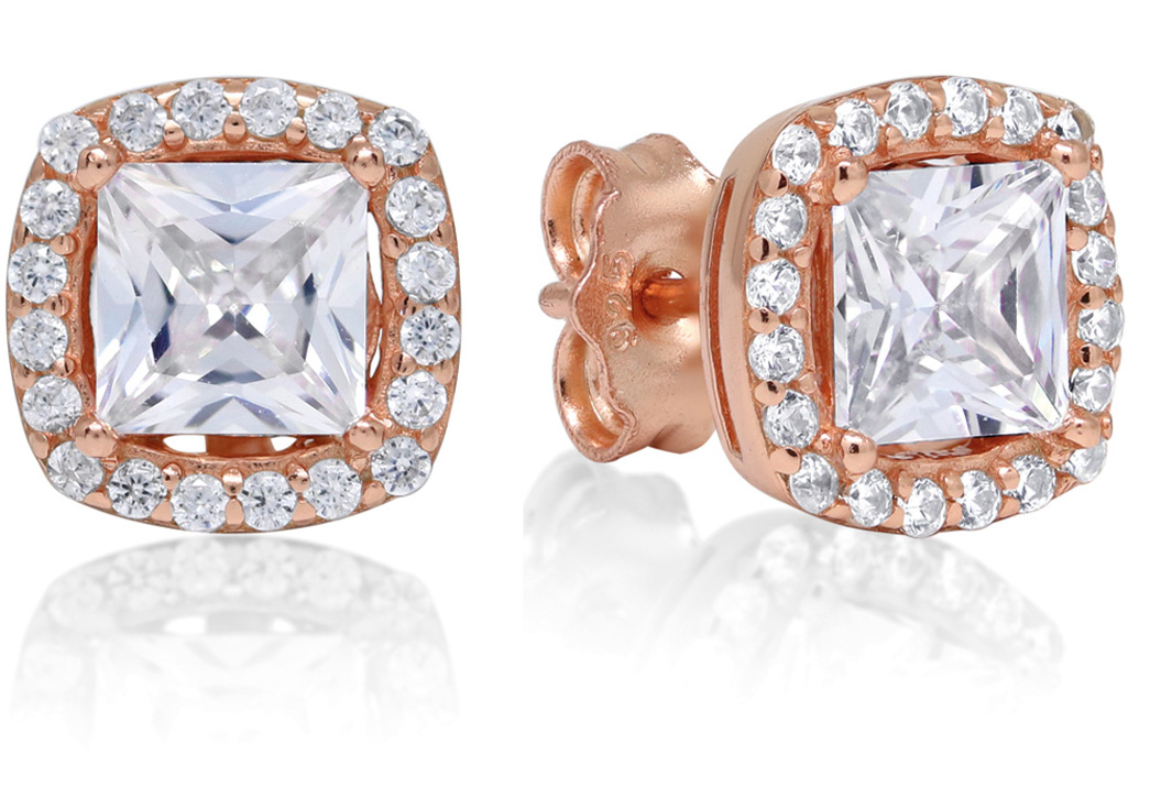 Silver earrings square halo zircon E-1448ZRG