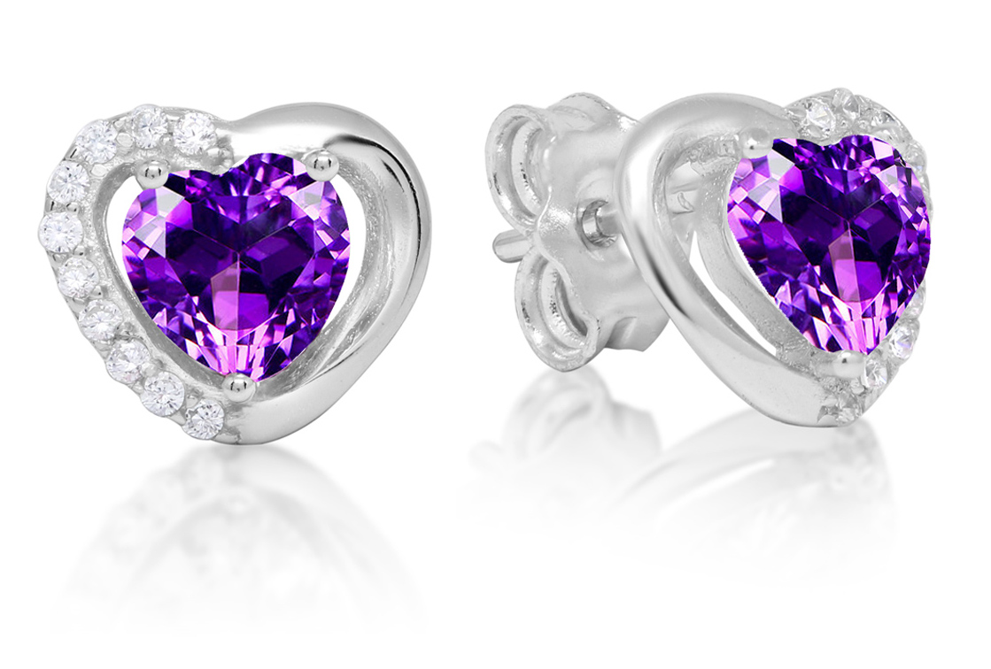Silver earrings zircon amethyst heart E-1493Zamet
