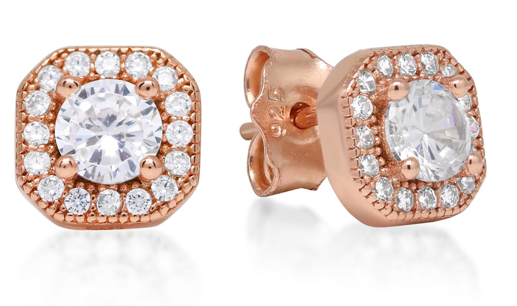 Silver earrings square halo zircon E-1533ZRG