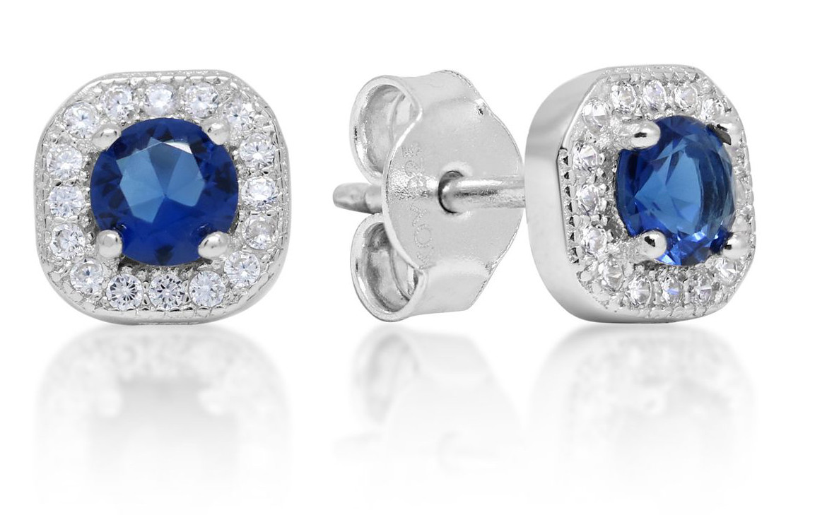 Silver earrings square halo blue zircon E-1533Zsin