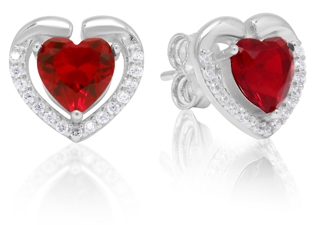 Silver earrings heart red-clear zircon E-1728Zpun