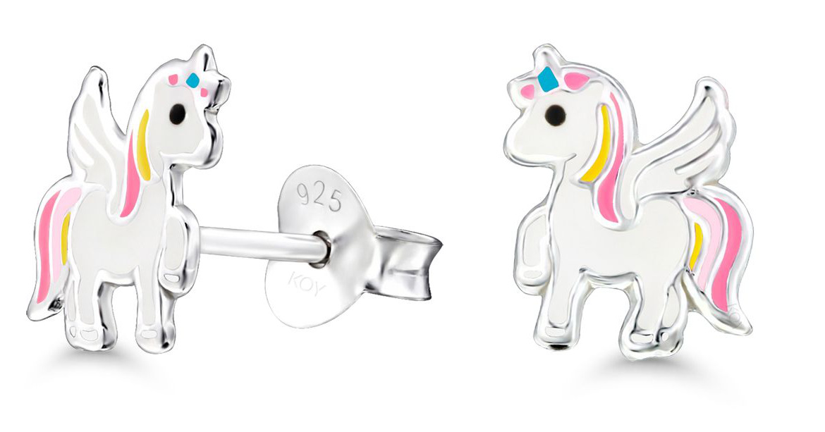Silver earrings unicorn horse enamel lightred E-2750pink