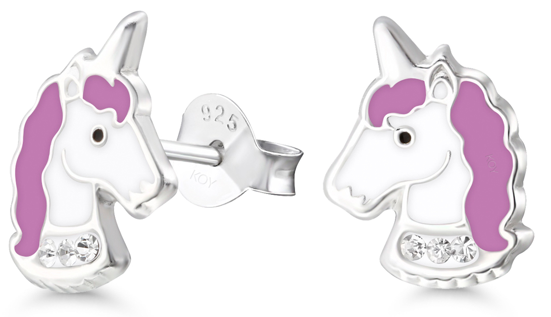 Silver earrings unicorn horse enamel zircon lila E-3005lila
