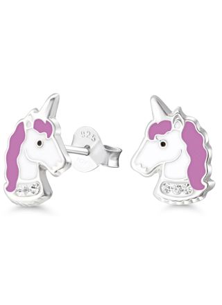 Silver earrings unicorn horse enamel zircon lila E-3005lila