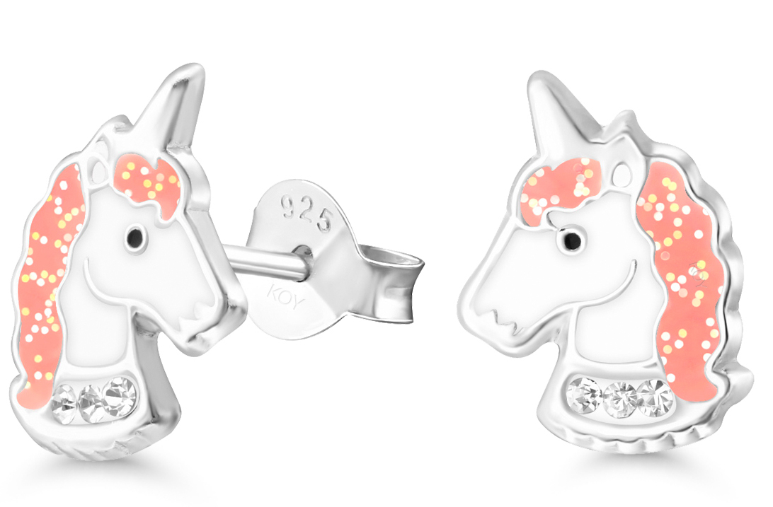 Silver earrings unicorn horse enamel zircon lightred E-3005pink