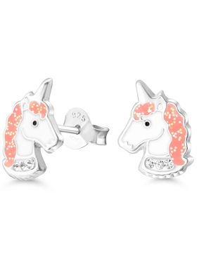 Silver earrings unicorn horse enamel zircon lightred E-3005pink