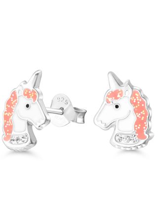 Silver earrings unicorn horse enamel zircon lightred E-3005pink