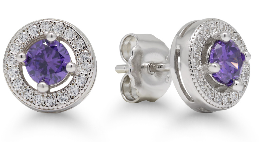 Silver earrings with halo amethys coloured zircon E-3368Zamet