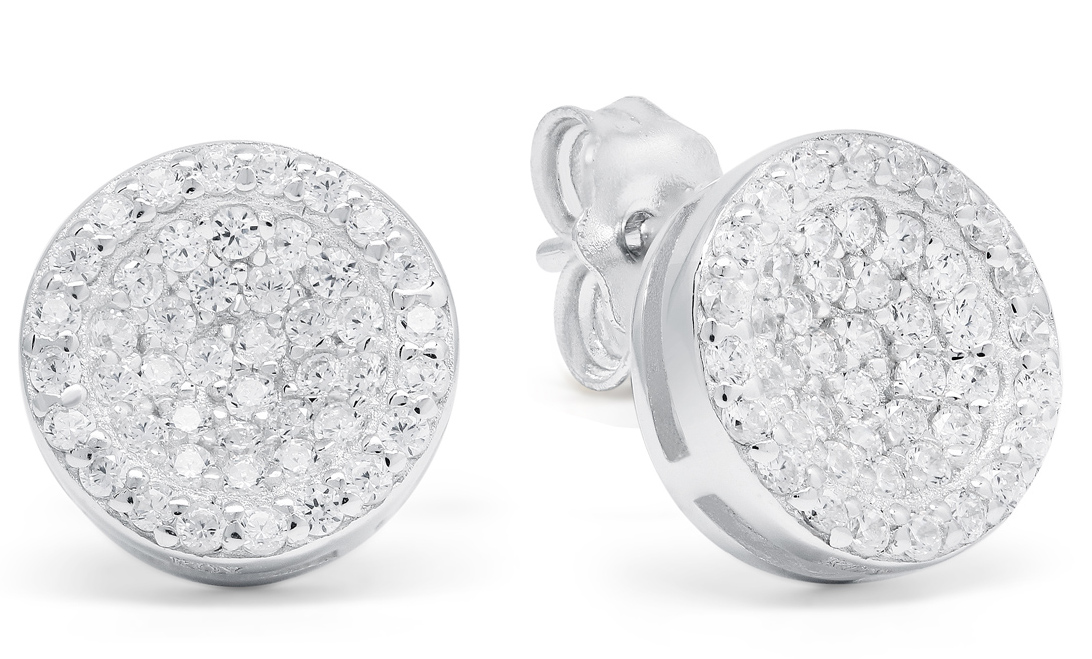 Silver earrings round plate clear zircon E-3533Z