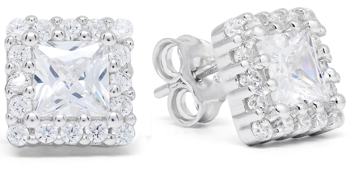 Silver earrings square halo clear zircon E-3794Z