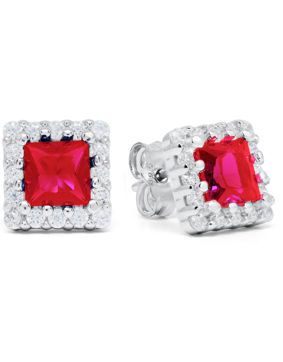 Silver earrings square halo red-clear zircon E-3794Zpun