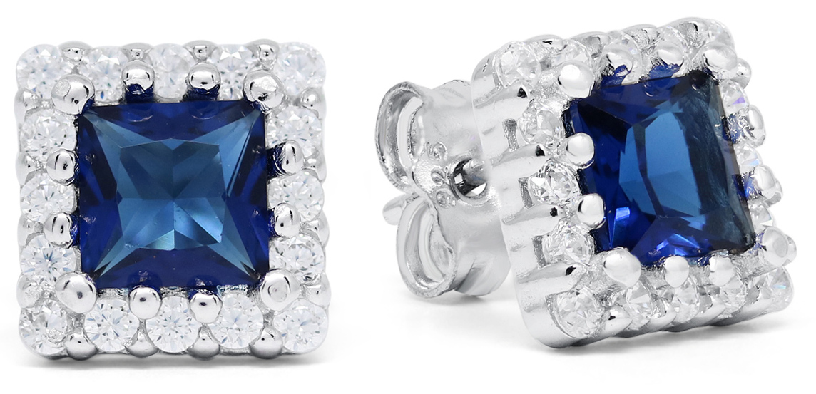 Silver earrings square halo blue-clear zircon E-3794Zsin
