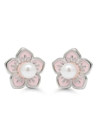 Silver earrings flower pearl lightred enamel E-4332pink